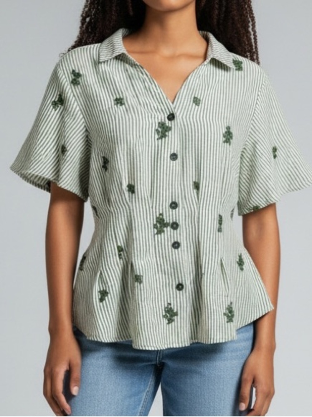 FIG + FLOWER Green Striped Embroidered Peplum Blouse Cottagecore Coastal Button - Picture 9 of 9